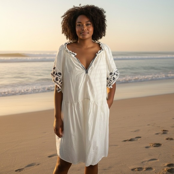 Old Navy Dresses & Skirts - NWOT Old Navy XXL White Cotton Gauze Embroidered Boho Tiered Mini Dress Pockets
